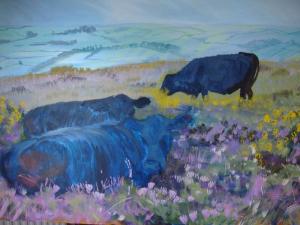 Step 4 of a new painting of cows lying down on Dartmoor